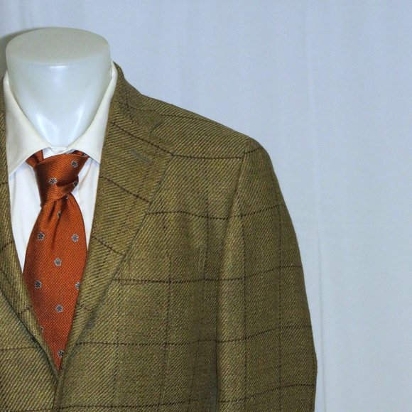 Polo Ralph Lauren Corneliani Silk Blend Taupe Plaid Three Roll Two Blazer 38R